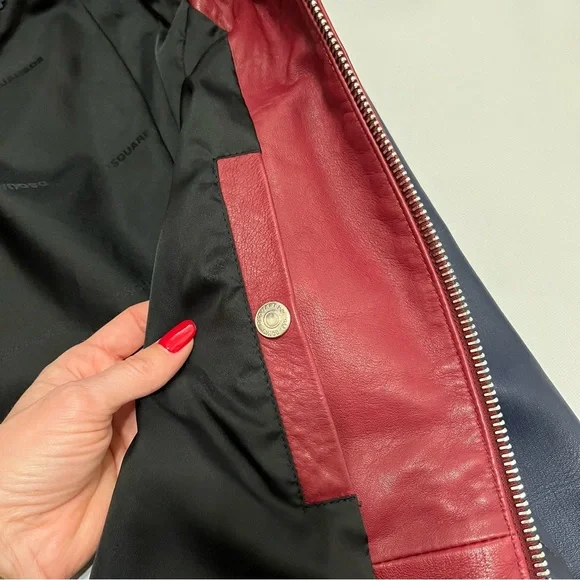 Dsquared2 Red Blue Leather Bomber Jacket